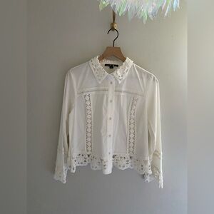 Boston Proper White‎ Crochet Trim Button Down Top Size Medium